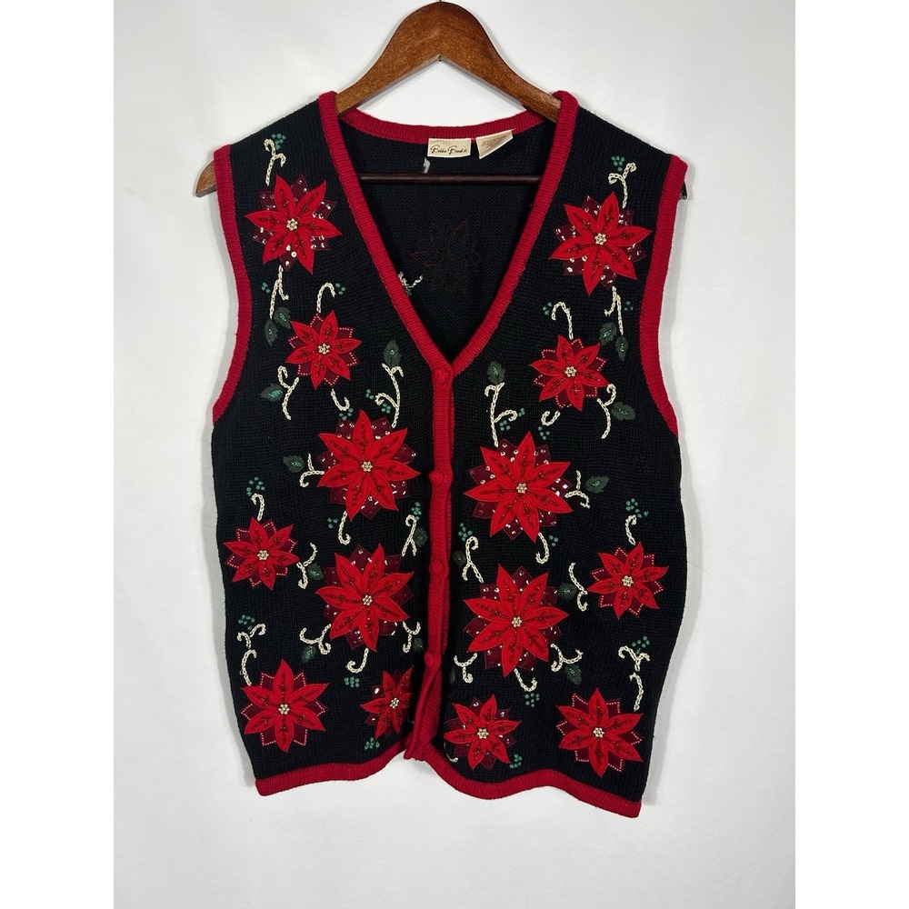 Vintage Novelty Christmas Sweater‎ Vest Size M Beaded Poinsettia 90s Grandmacore